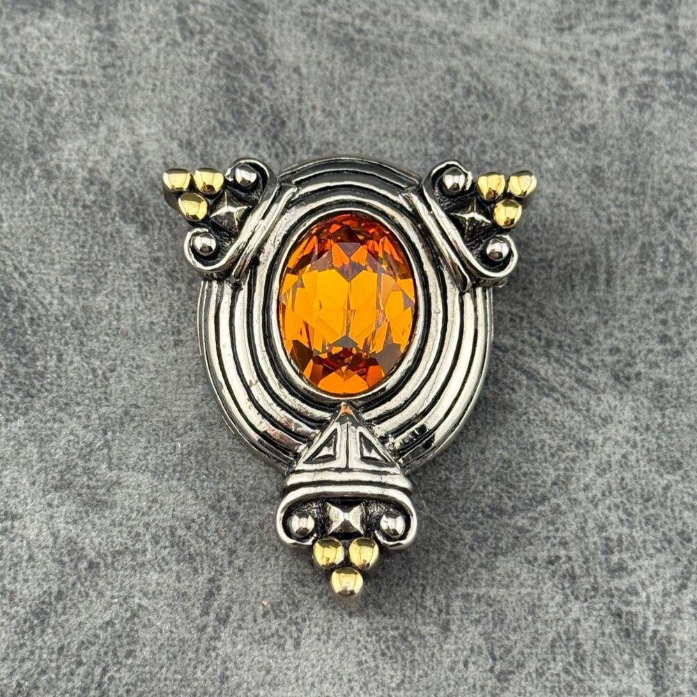 Brooch Pendant Faceted Oval Orange Amber Glass Stone Silver-Gold-Tone Metal